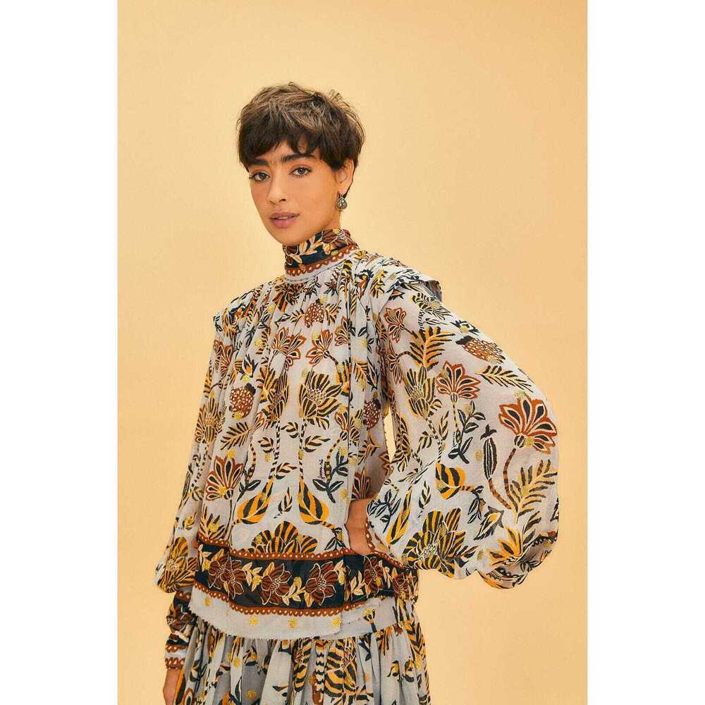 Silver Floral Tapestry Long Sleeve Blouse & Skirt Set